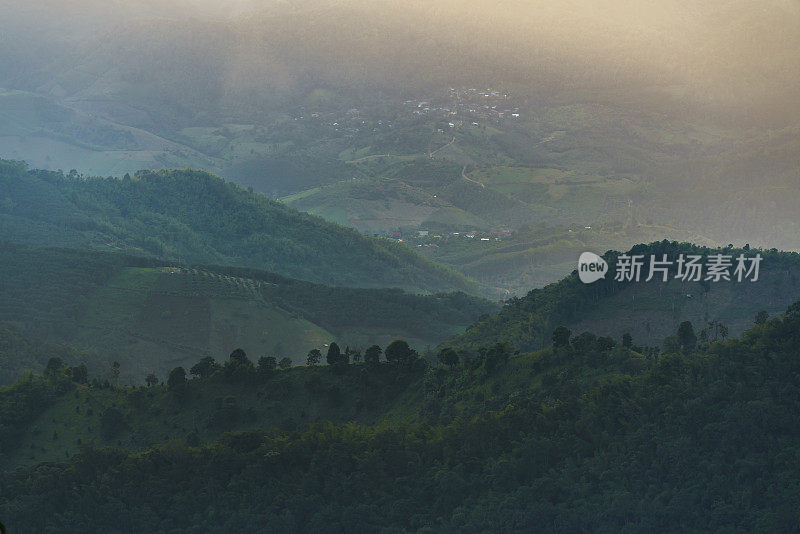 景观的绿色森林附近的高山坡对蓝色多云的天空在冬天的一天，Doi Chang，清莱，泰国